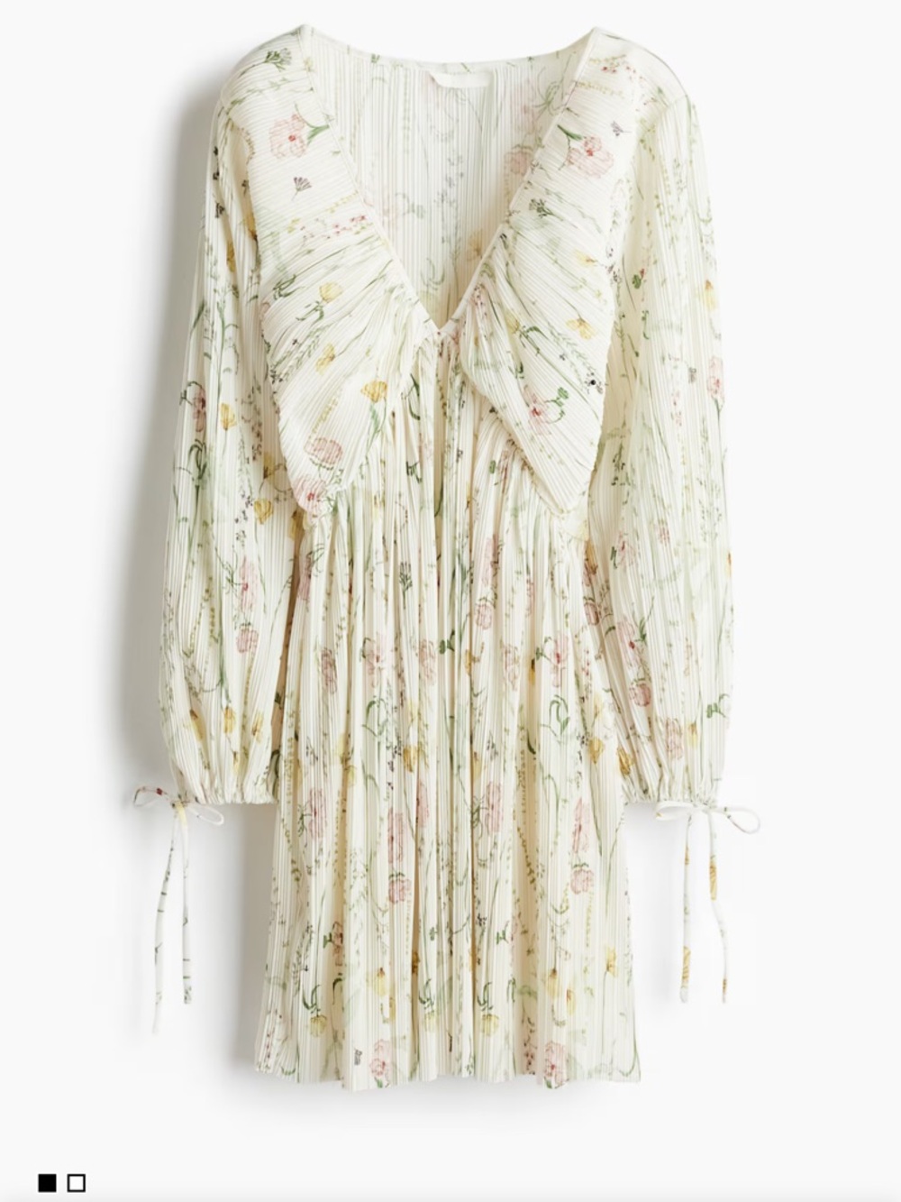 H&M Cream Floral Pleated Long-Sleeve V-Neck Dress